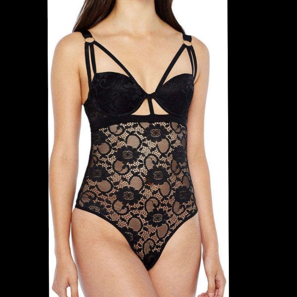 Black Lace Strappy Lingerie Thong Bodysuit